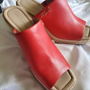 NWOT Karl Lagerfeld Red leather slip on sandals/wedges. Size 9